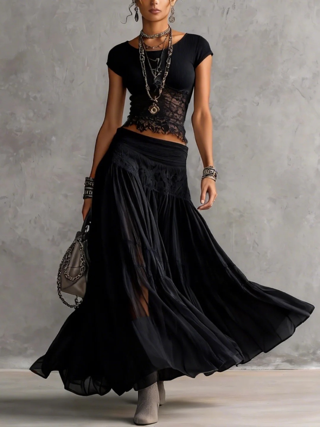 Summer Clothing Fabric - Zestaw: Szary dzianinowy top + szyfonowa