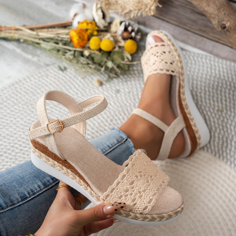 Espadrille Sandal Women - Damskie sandały na koturnie z koronką,